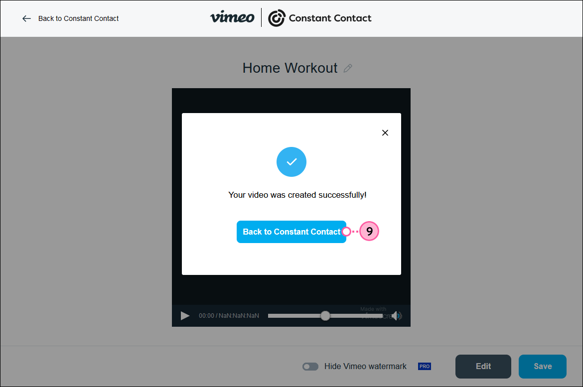 Video successfully created message and Back to Constant Contact button