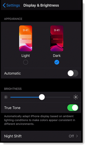 Example of dark mode on an iOS mobile device