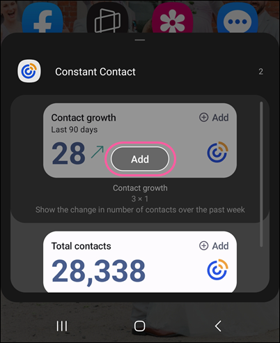 Constant Contact widget options and Add button
