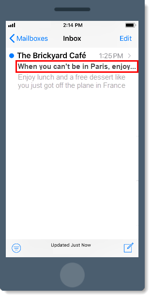 An example inbox that cuts off an email's subject line that is longer than 40 characters.