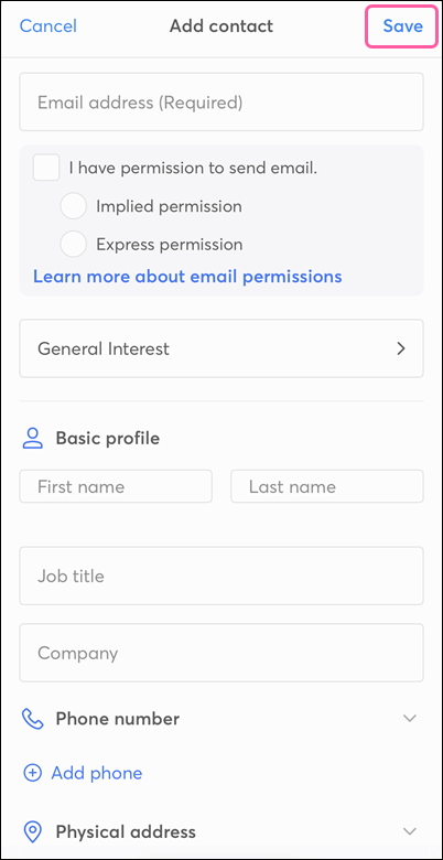 Add Contact details and Save option