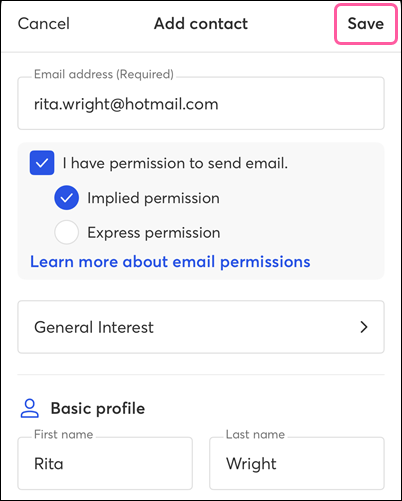 Add contact, permission to send, email lists, basic profile details, and Save button
