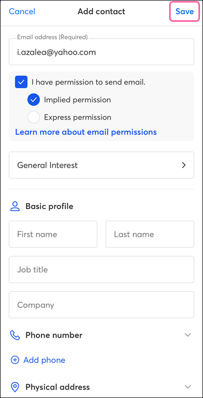 Add Contact details First Name and Last Name fields and More Contact Details options, Save option