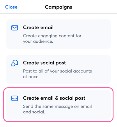 Create a Campaign menu with Combination option selected