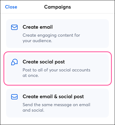 Create a Campaign menu and Social option selected
