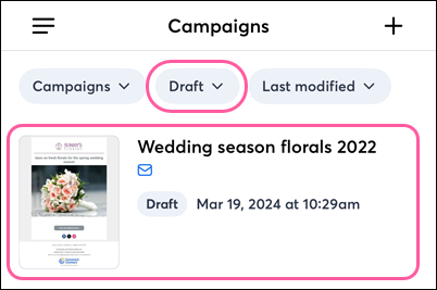 Campaigns list, Drafts status, and email selected