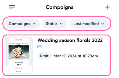 Campaigns dashboard with filters and campaign selected