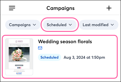 Campaigns dashboard with Scheduled filter and campaign selected