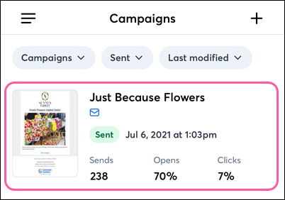 Campaigns dashboard with Sent email selected