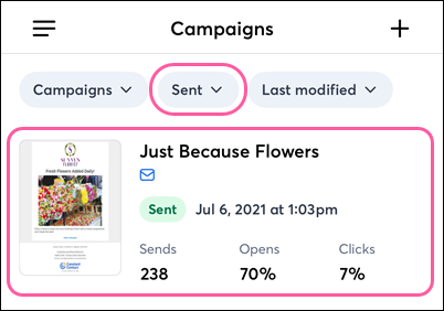 Campaigns dashboard with Sent status filter and campaign selected