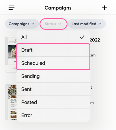 Status filter with Draft and Scheduled options