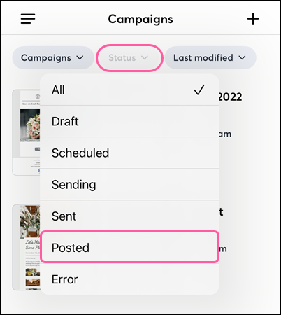 Status filter drop-down with Posted option selected