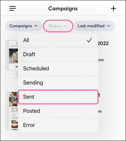 Status filter and Sent option