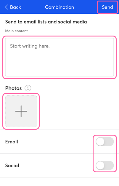 Combination Campaign Main Content field, Add Photo link, Email and Social toggles, and Send button