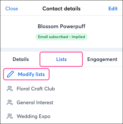 Contact details, Email Lists, and Modify Lists option