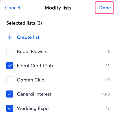 Select Email List and Back Arrow