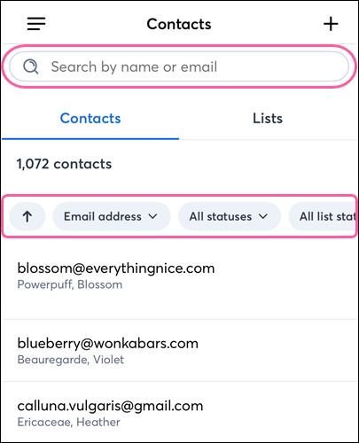 Active Contacts with Sort and Search options