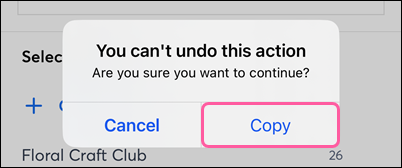 Copy confirmation message