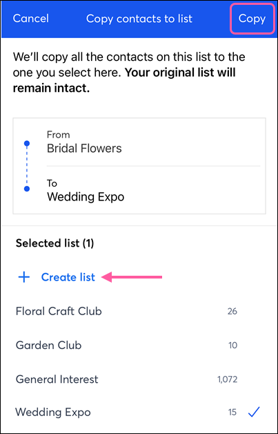 List selected to copy contacts to and Copy button