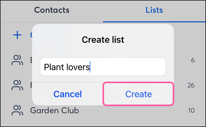 New Email List name and Create button