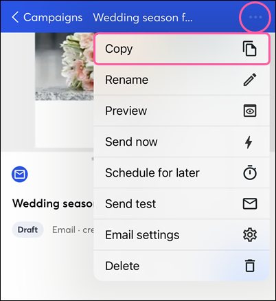 Draft email details page with drop-down and Copy option