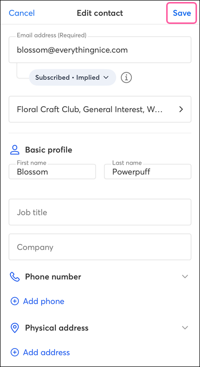 Edit Contact Details and Save Icon