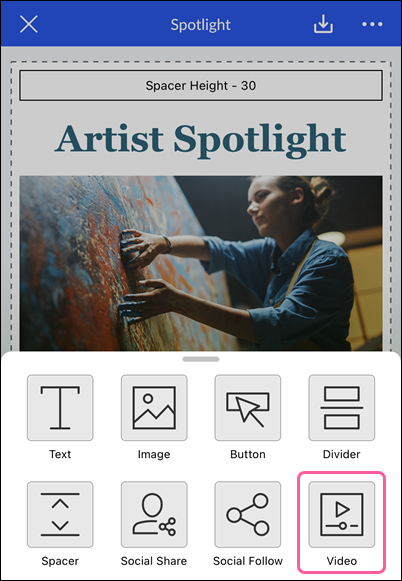 Mobile email editor block options and Video block selected