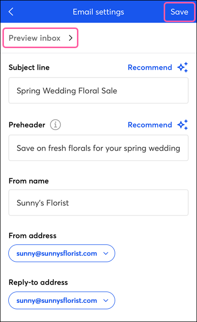 Email settings, Tap to Preview link, and Save button