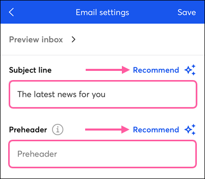 Email subject line and preheader fields with Recommend links