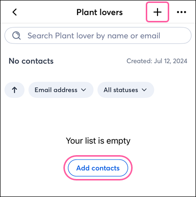 Empty email list with options to add contacts