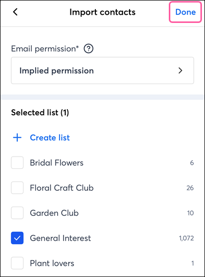 Select Email Lists and Done option
