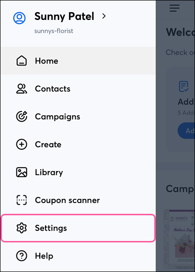Menu with Settings option