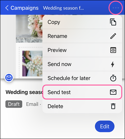 Draft email details with drop-down and Send Test option