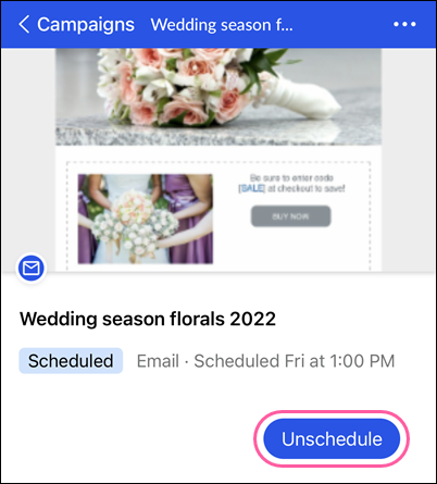 Scheduled email details page with Unschedule button