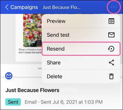 Sent email details page with drop-down and Resend option