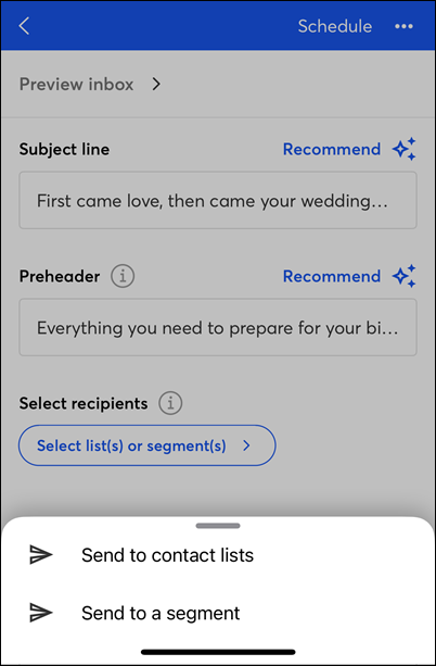 Send to contact lists or segment options
