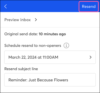 Opciones de Resend to non-openers (Reenvío a personas que no abrieron el mensaje) y Resend (Reenvío) seleccionadas