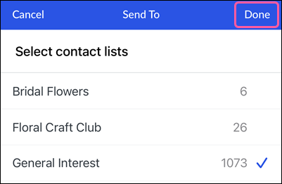 Select contact lists to send to and Done button