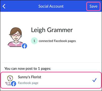 Facebook Page selected and Save button