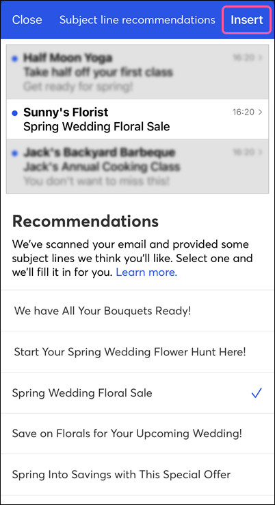 Subject line recommendations and Insert button
