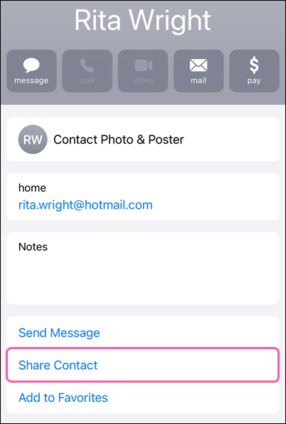 Device contact details and Share Contact option