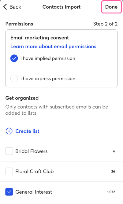 Contacts import permissions, email lists, and Done button