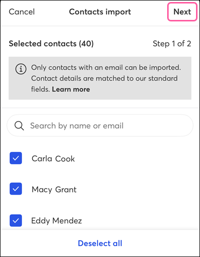 Contacts to import and Next button