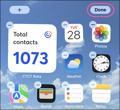 iOS device home screen with widget added and Done button