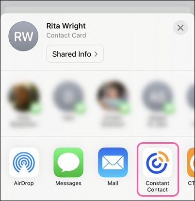 Share Contact Card options and Constant Contact app