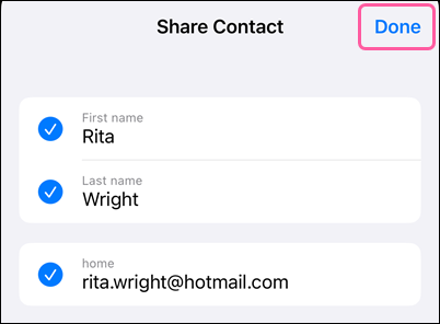 Share Contact details and Done button