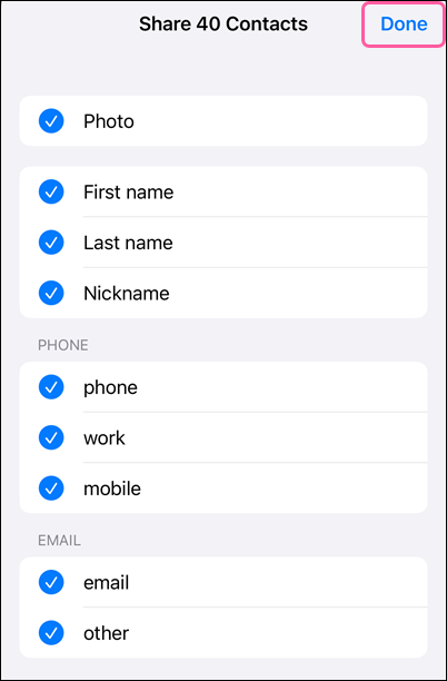 Contact details to import and Done button