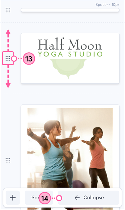 Mobile web email editor, drag icon, and Collapse button