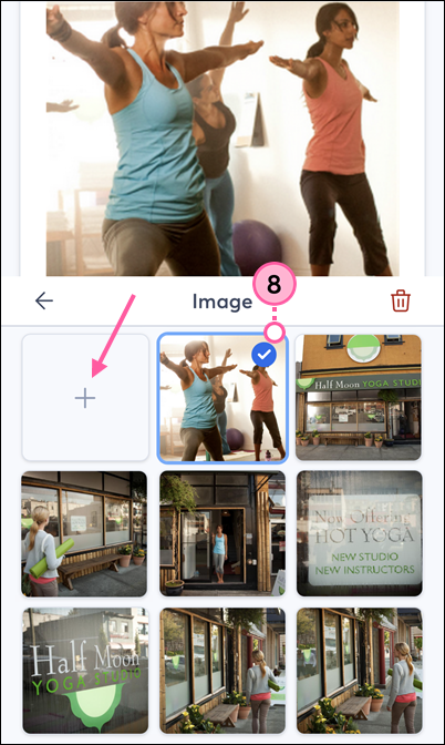 Mobile web email editor, Image block with plus symbol and Library photo selected