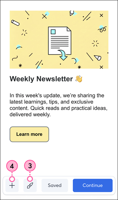 Mobile web email editor with paint brush and plus symbol buttons